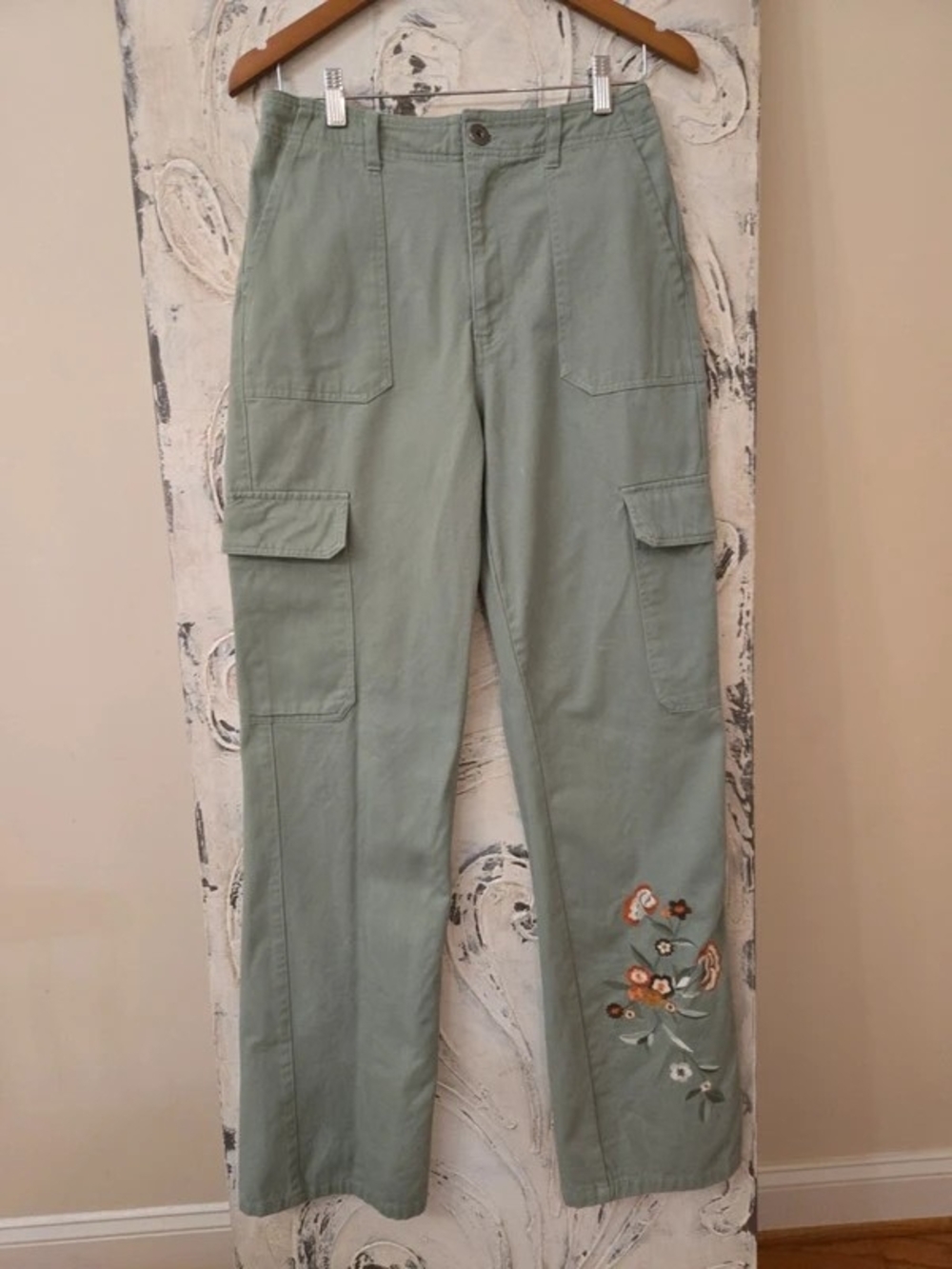 miami Sage Green Cargo Pants with Embroidered Floral Detail